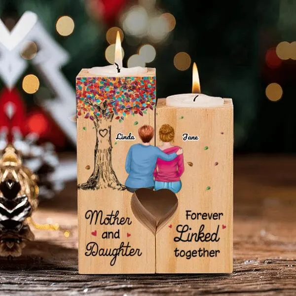 Mother And Daughter Colorful Tree Personalized Candle Holder With Heart - Mom, Daughter and Names can be customized