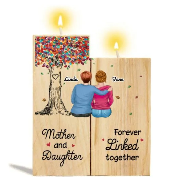 Mother And Daughter Colorful Tree Personalized Candle Holder With Heart - Mom, Daughter and Names can be customized
