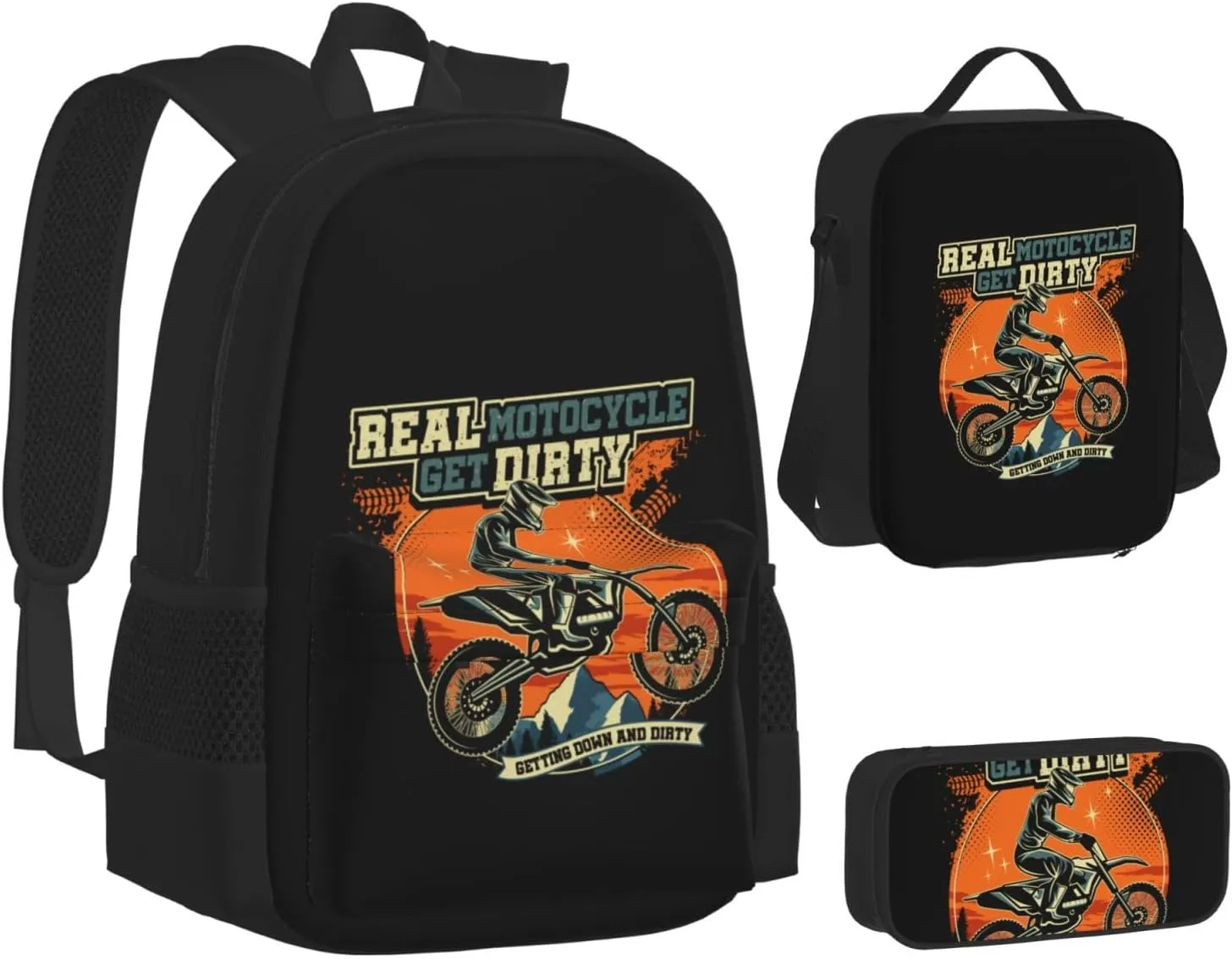 Motocross Dirt Bike Racing Supercross Flying Jump Multifunctional Pocket Backpack Crossbody Lunch Bag Pencil Case 3Pcs Set Large Capacity Backpack