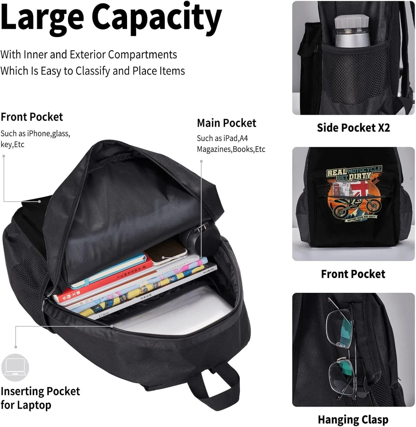 Motocross Dirt Bike Racing Supercross Flying Jump Multifunctional Pocket Backpack Crossbody Lunch Bag Pencil Case 3Pcs Set Large Capacity Backpack