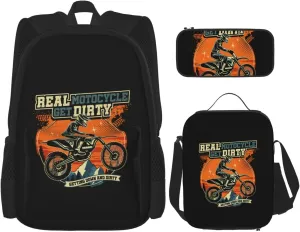 Motocross Dirt Bike Racing Supercross Flying Jump Multifunctional Pocket Backpack Crossbody Lunch Bag Pencil Case 3Pcs Set Large Capacity Backpack