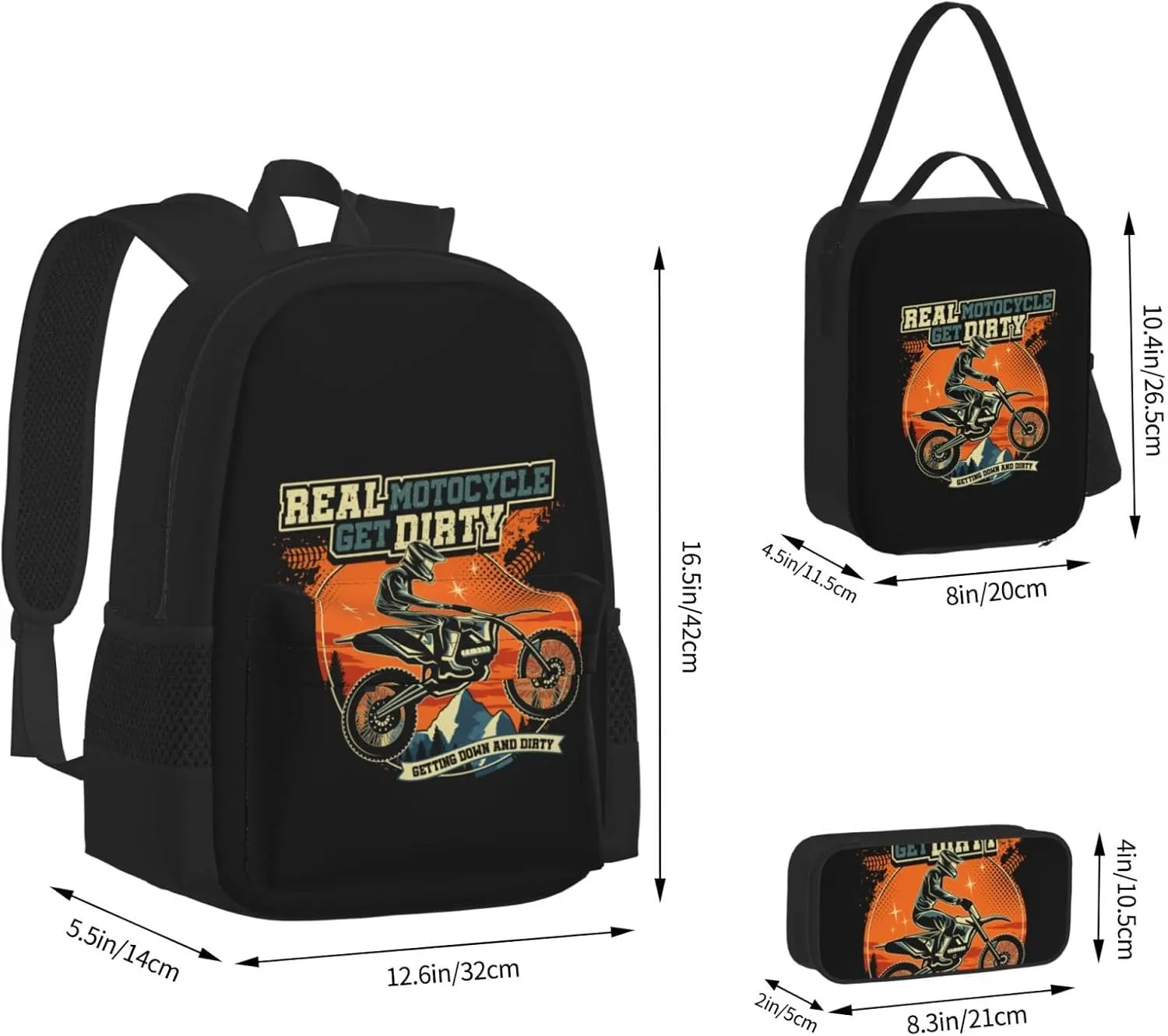 Motocross Dirt Bike Racing Supercross Flying Jump Multifunctional Pocket Backpack Crossbody Lunch Bag Pencil Case 3Pcs Set Large Capacity Backpack