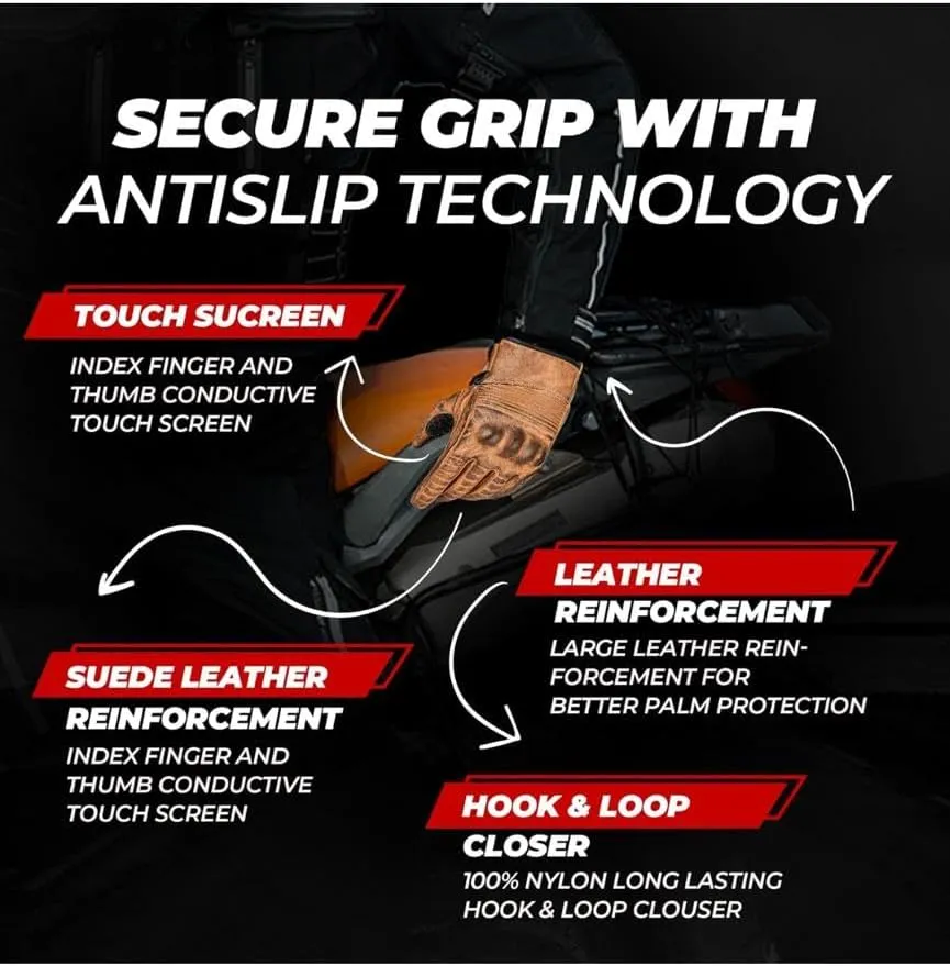 Motorcycle Gloves Men's Leather Motorbike Gloves Touchscreen Function - Protectors Men & Women for All Weather with Non-Slip Pads