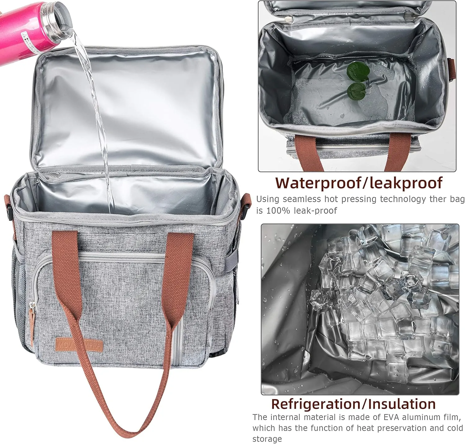 MOV COMPRA Adult Lunch Box for Work, Expandable Large Lunch Bags for Women Men, Leakproof Double Deck Lunch Box Cooler Tote Bag with Removable Shoulder Strap (Grey)