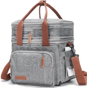 MOV COMPRA Adult Lunch Box for Work, Expandable Large Lunch Bags for Women Men, Leakproof Double Deck Lunch Box Cooler Tote Bag with Removable Shoulder Strap (Grey)