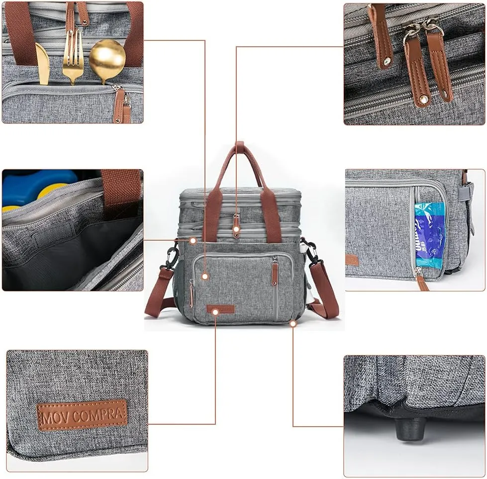 MOV COMPRA Adult Lunch Box for Work, Expandable Large Lunch Bags for Women Men, Leakproof Double Deck Lunch Box Cooler Tote Bag with Removable Shoulder Strap (Grey)