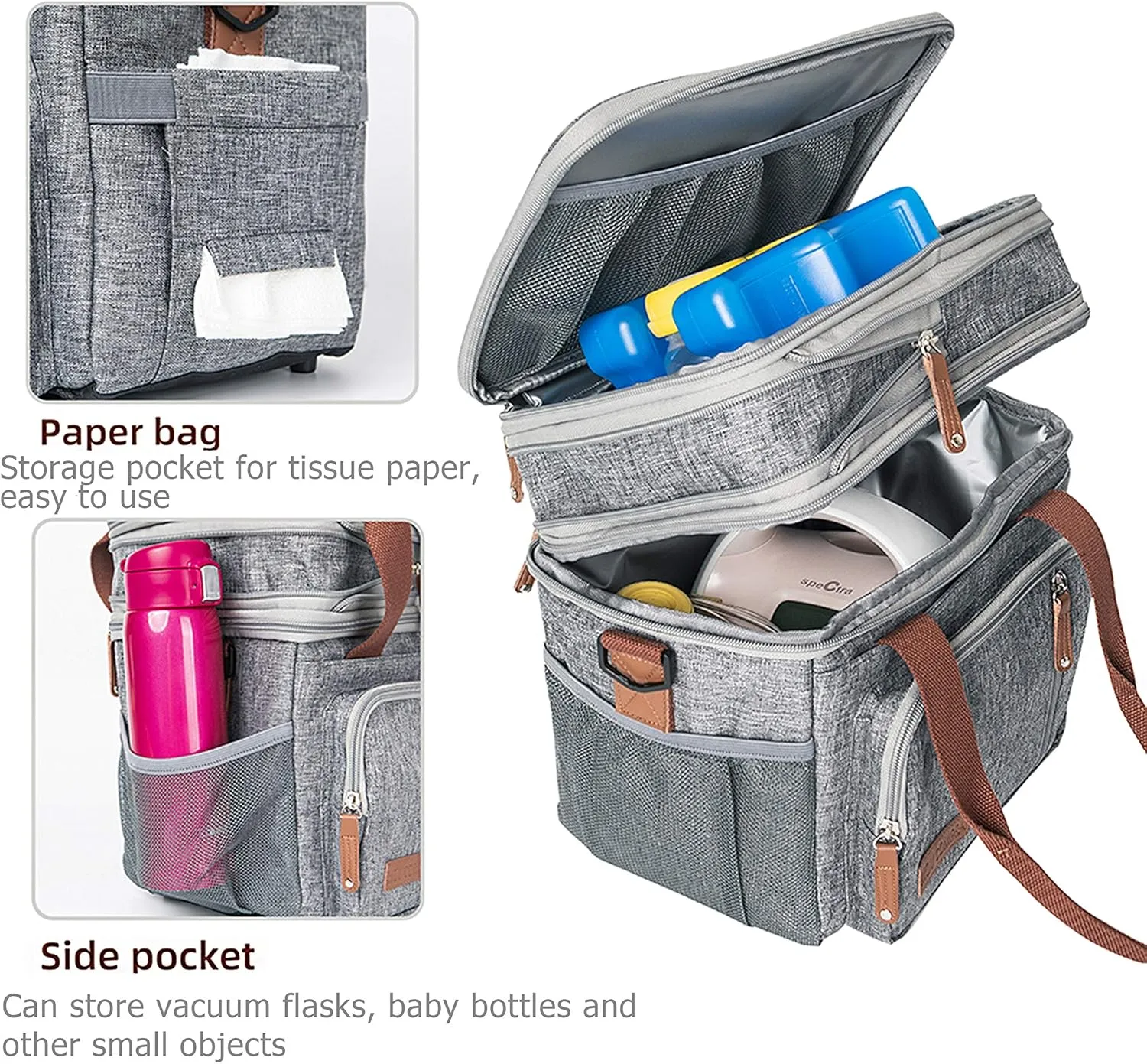 MOV COMPRA Adult Lunch Box for Work, Expandable Large Lunch Bags for Women Men, Leakproof Double Deck Lunch Box Cooler Tote Bag with Removable Shoulder Strap (Grey)
