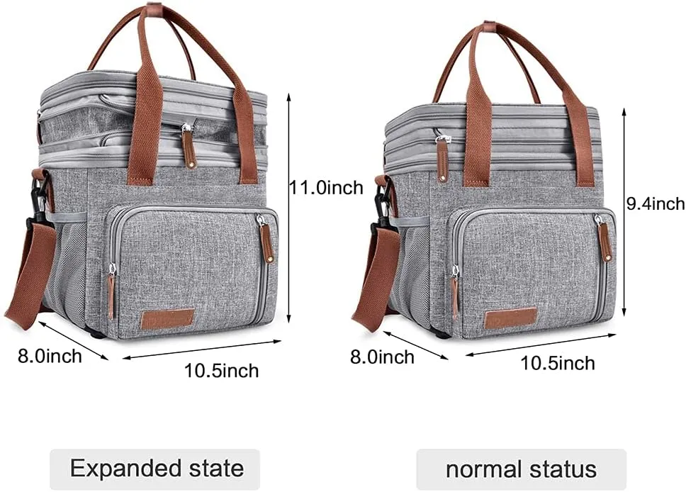 MOV COMPRA Adult Lunch Box for Work, Expandable Large Lunch Bags for Women Men, Leakproof Double Deck Lunch Box Cooler Tote Bag with Removable Shoulder Strap (Grey)