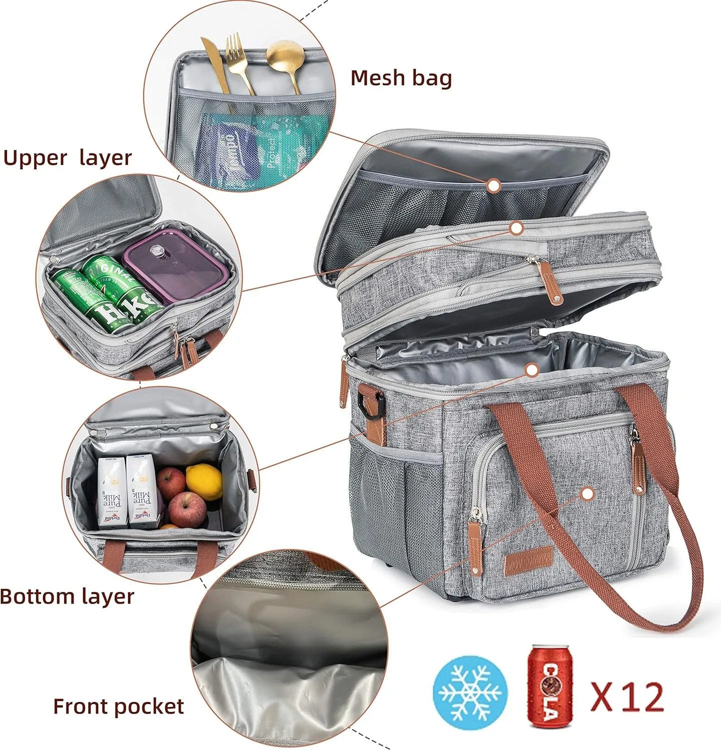 MOV COMPRA Adult Lunch Box for Work, Expandable Large Lunch Bags for Women Men, Leakproof Double Deck Lunch Box Cooler Tote Bag with Removable Shoulder Strap (Grey)