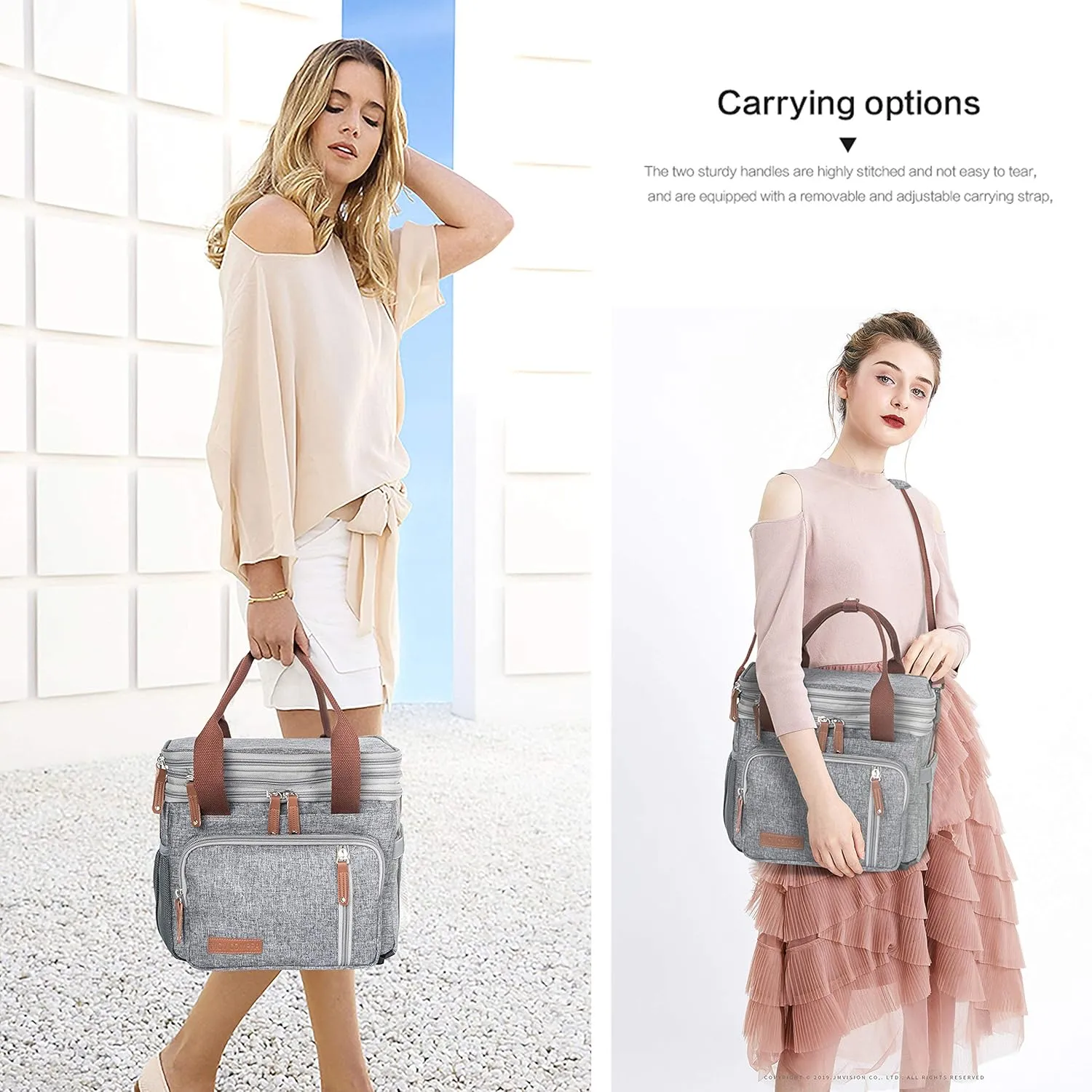 MOV COMPRA Adult Lunch Box for Work, Expandable Large Lunch Bags for Women Men, Leakproof Double Deck Lunch Box Cooler Tote Bag with Removable Shoulder Strap (Grey)
