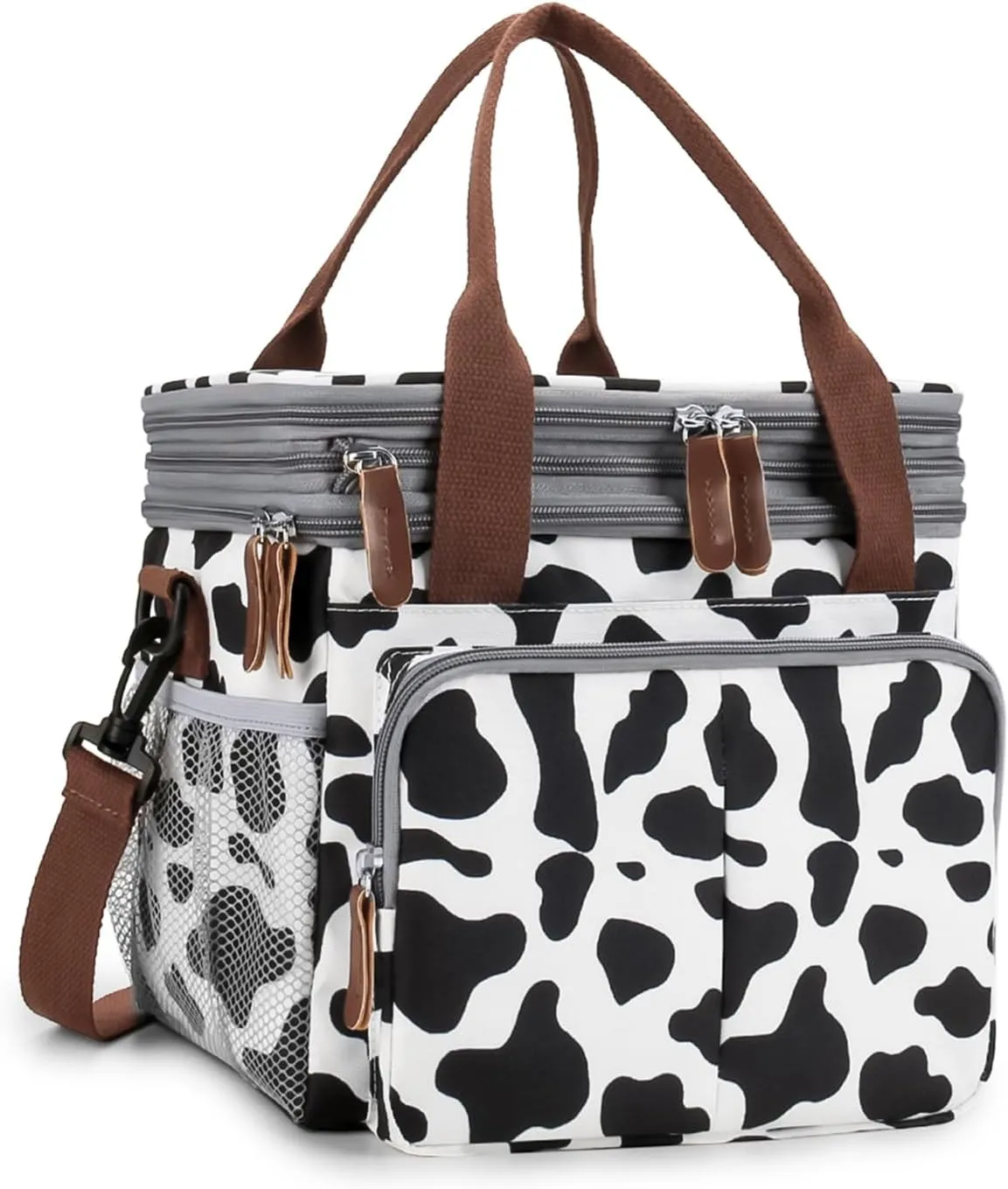 MOV COMPRA Lunch Bag for Women Men Double Deck Expandable Lunch Box,Large Lunch Bags,Leakproof Lunch Box Cooler Bag（Cow Print）
