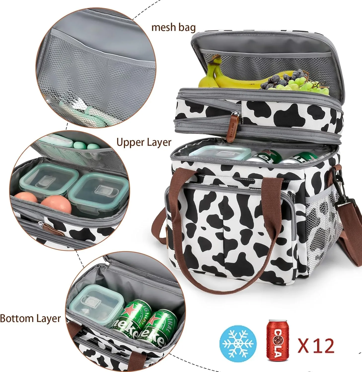 MOV COMPRA Lunch Bag for Women Men Double Deck Expandable Lunch Box,Large Lunch Bags,Leakproof Lunch Box Cooler Bag（Cow Print）