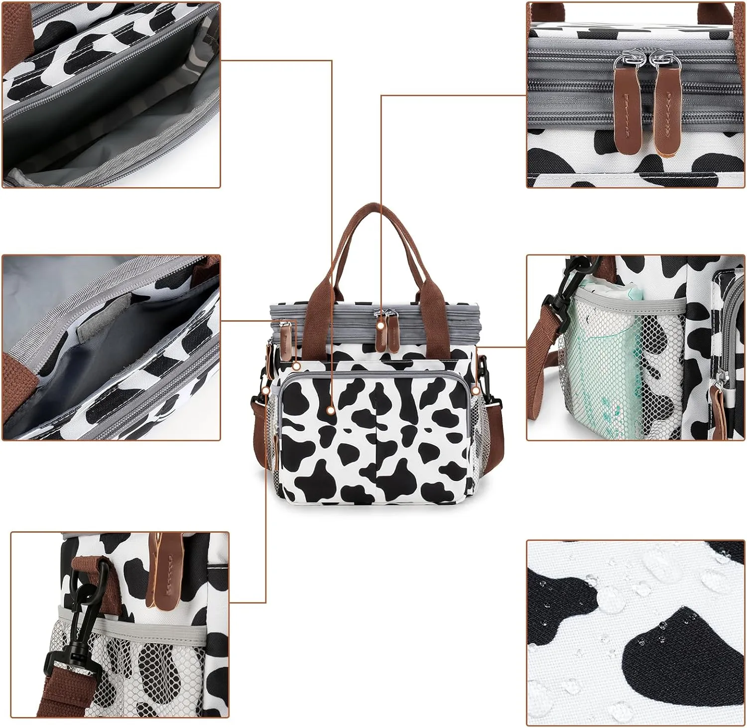 MOV COMPRA Lunch Bag for Women Men Double Deck Expandable Lunch Box,Large Lunch Bags,Leakproof Lunch Box Cooler Bag（Cow Print）
