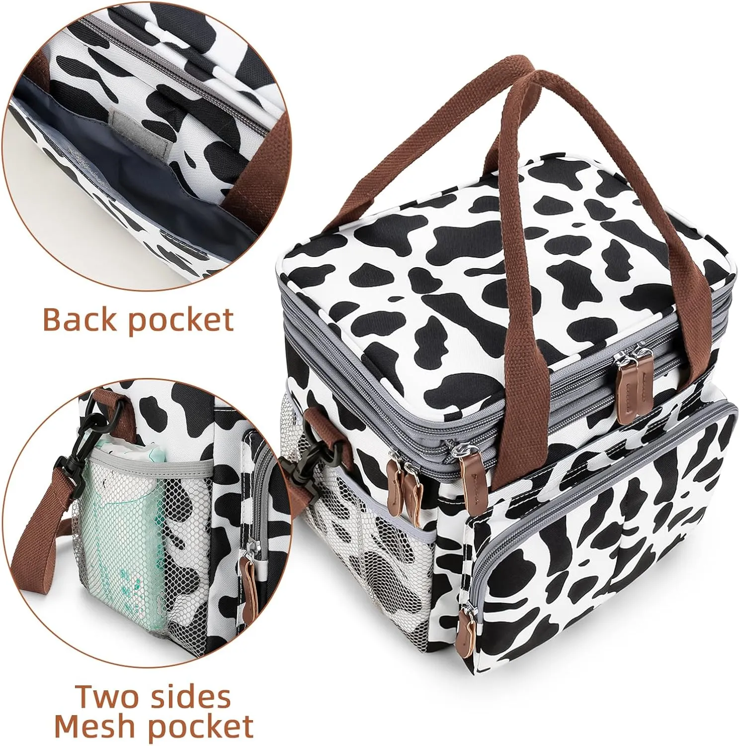 MOV COMPRA Lunch Bag for Women Men Double Deck Expandable Lunch Box,Large Lunch Bags,Leakproof Lunch Box Cooler Bag（Cow Print）
