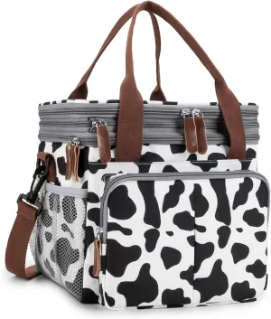 MOV COMPRA Lunch Bag for Women Men Double Deck Expandable Lunch Box,Large Lunch Bags,Leakproof Lunch Box Cooler Bag（Cow Print）