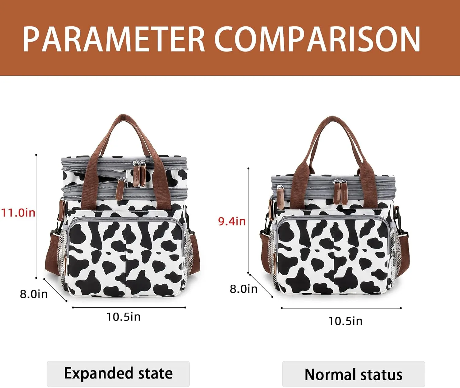 MOV COMPRA Lunch Bag for Women Men Double Deck Expandable Lunch Box,Large Lunch Bags,Leakproof Lunch Box Cooler Bag（Cow Print）