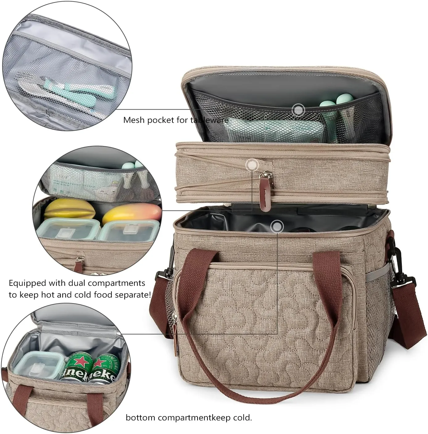 MOV COMPRA Lunch Bag for Women Men Double Deck Lunch Box,Expandable Large Lunch Bags,Leakproof Lunch Box Cooler Bag (Khaki)
