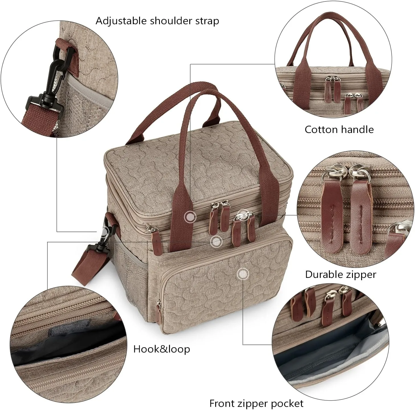 MOV COMPRA Lunch Bag for Women Men Double Deck Lunch Box,Expandable Large Lunch Bags,Leakproof Lunch Box Cooler Bag (Khaki)