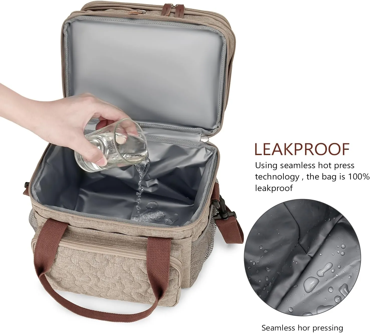 MOV COMPRA Lunch Bag for Women Men Double Deck Lunch Box,Expandable Large Lunch Bags,Leakproof Lunch Box Cooler Bag (Khaki)