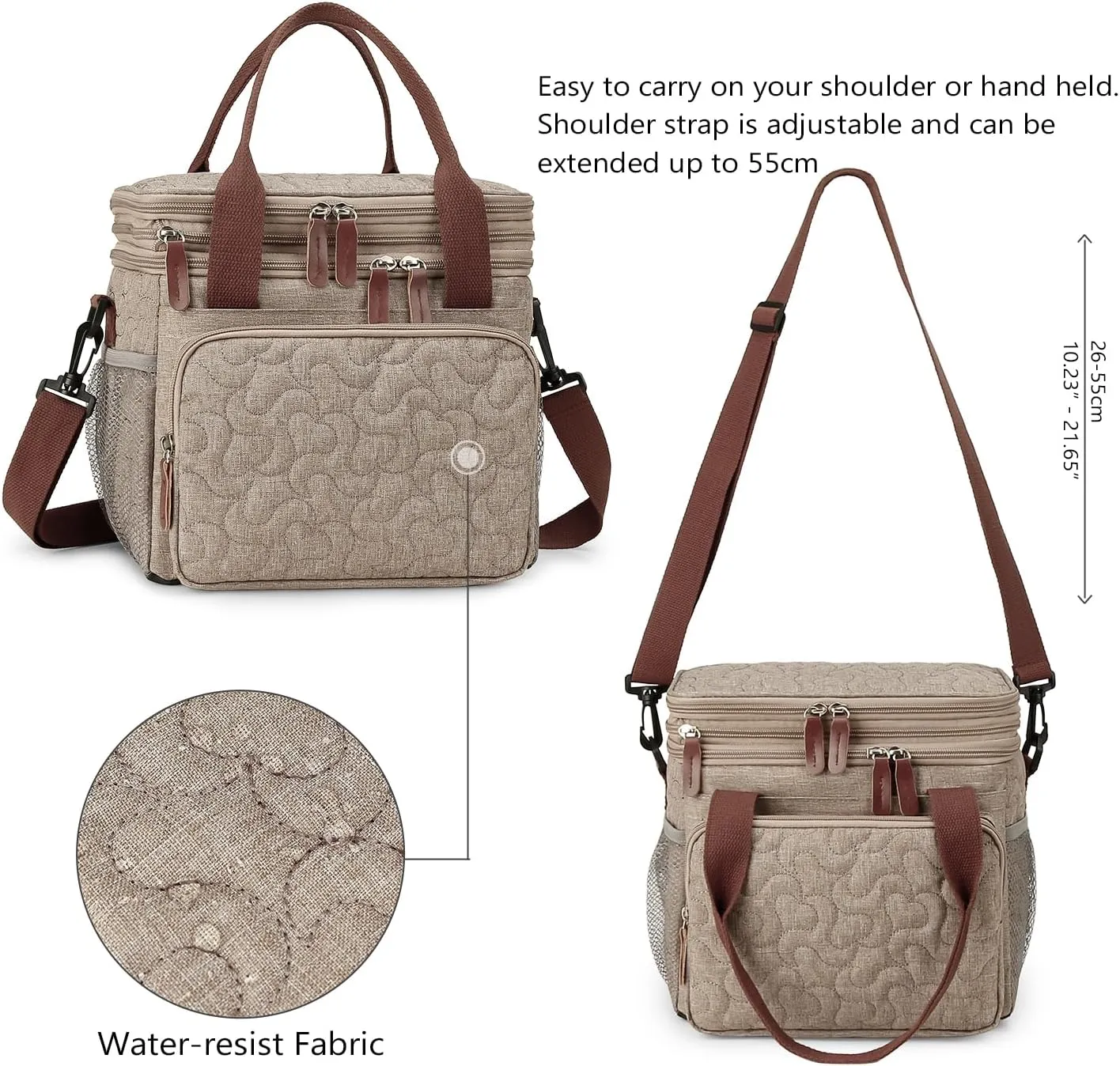 MOV COMPRA Lunch Bag for Women Men Double Deck Lunch Box,Expandable Large Lunch Bags,Leakproof Lunch Box Cooler Bag (Khaki)