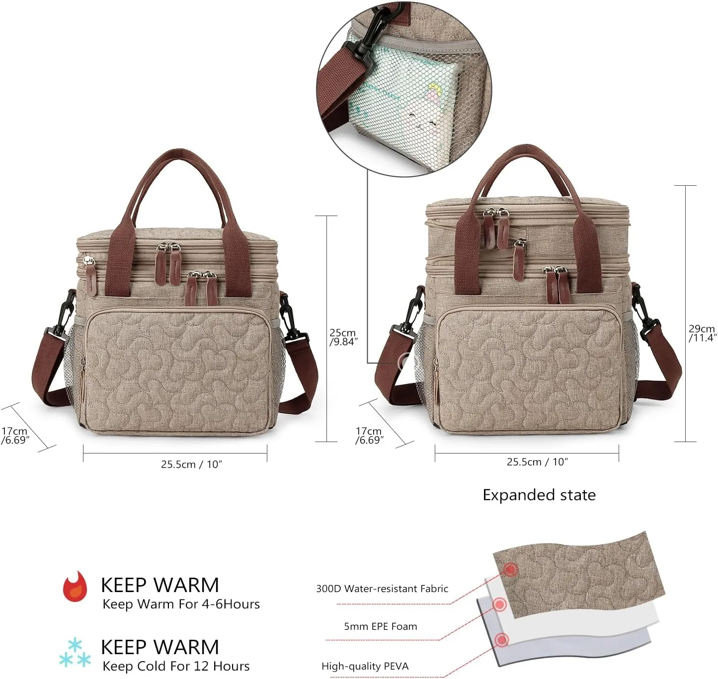MOV COMPRA Lunch Bag for Women Men Double Deck Lunch Box,Expandable Large Lunch Bags,Leakproof Lunch Box Cooler Bag (Khaki)