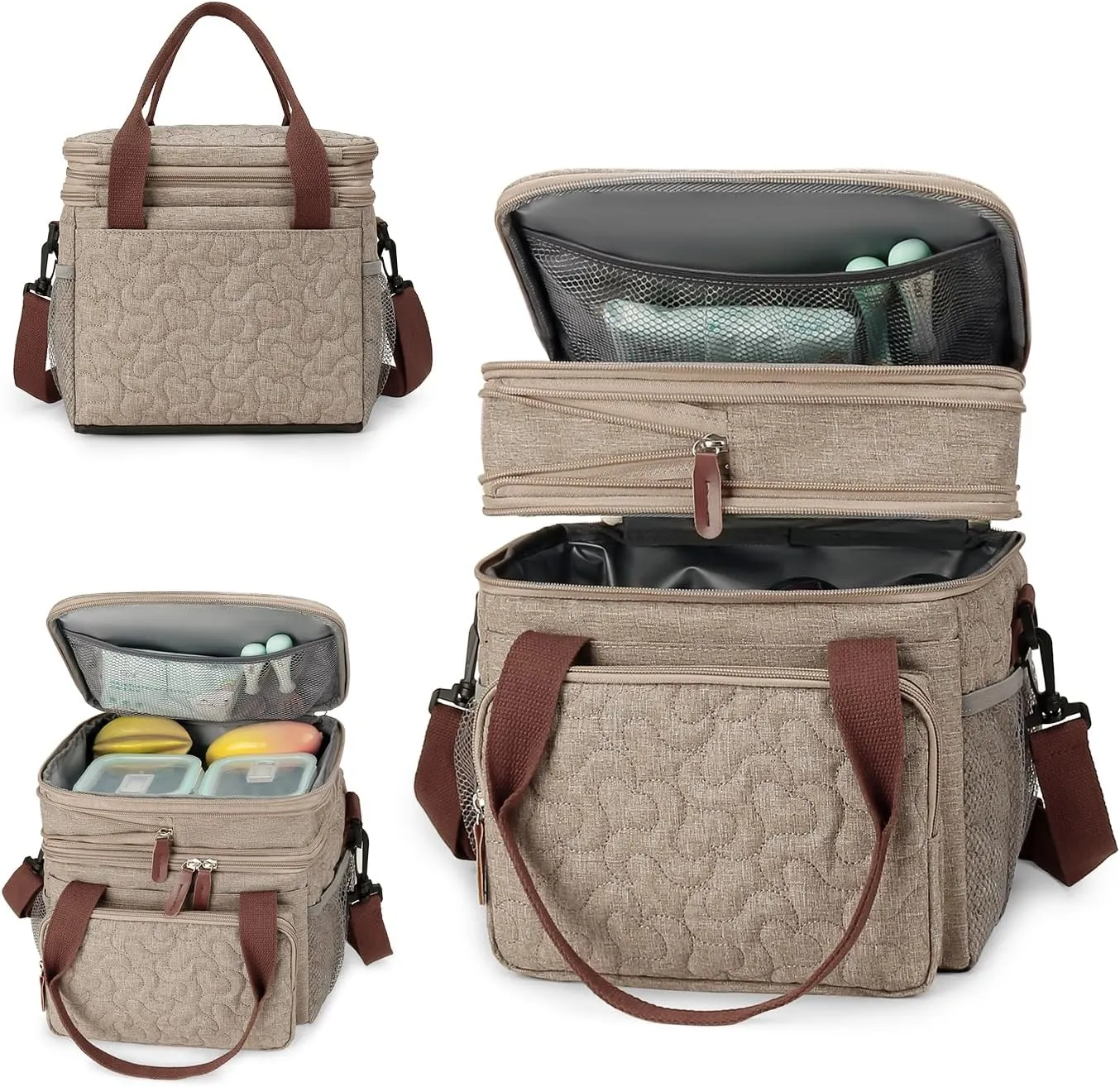 MOV COMPRA Lunch Bag for Women Men Double Deck Lunch Box,Expandable Large Lunch Bags,Leakproof Lunch Box Cooler Bag (Khaki)
