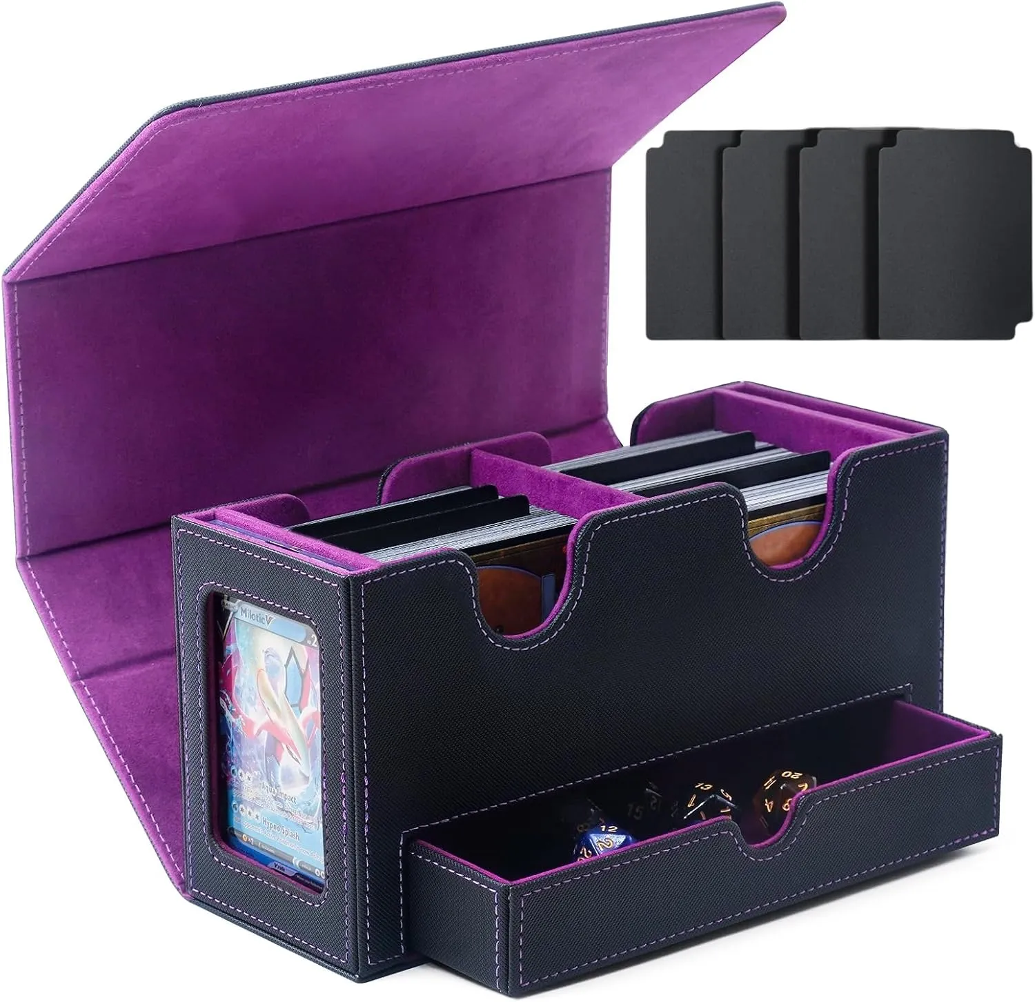 MTG Commander Deck Box, Large-Capacity Storage with 2 Display Windows & Dice Tray, Holds 200  Double-Sleeved Cards, Includes 4 Dividers (Black&Purple)