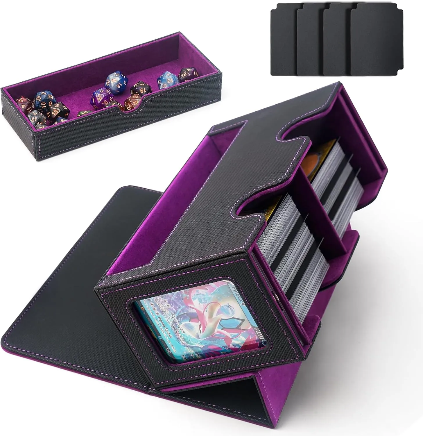 MTG Commander Deck Box, Large-Capacity Storage with 2 Display Windows & Dice Tray, Holds 200  Double-Sleeved Cards, Includes 4 Dividers (Black&Purple)