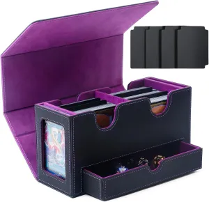 MTG Commander Deck Box, Large-Capacity Storage with 2 Display Windows & Dice Tray, Holds 200  Double-Sleeved Cards, Includes 4 Dividers (Black&Purple)