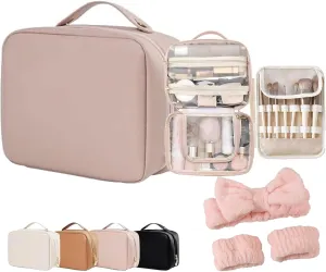 Multi-Compartment Toiletry Cosmetics Bag,Consulbefor Bag-Multi Compartment Toiletry/Cosmetic Bag,Set Patient Travel Makeup Bag,PU Leather Set Patient Cosmetic Bag (Pink)