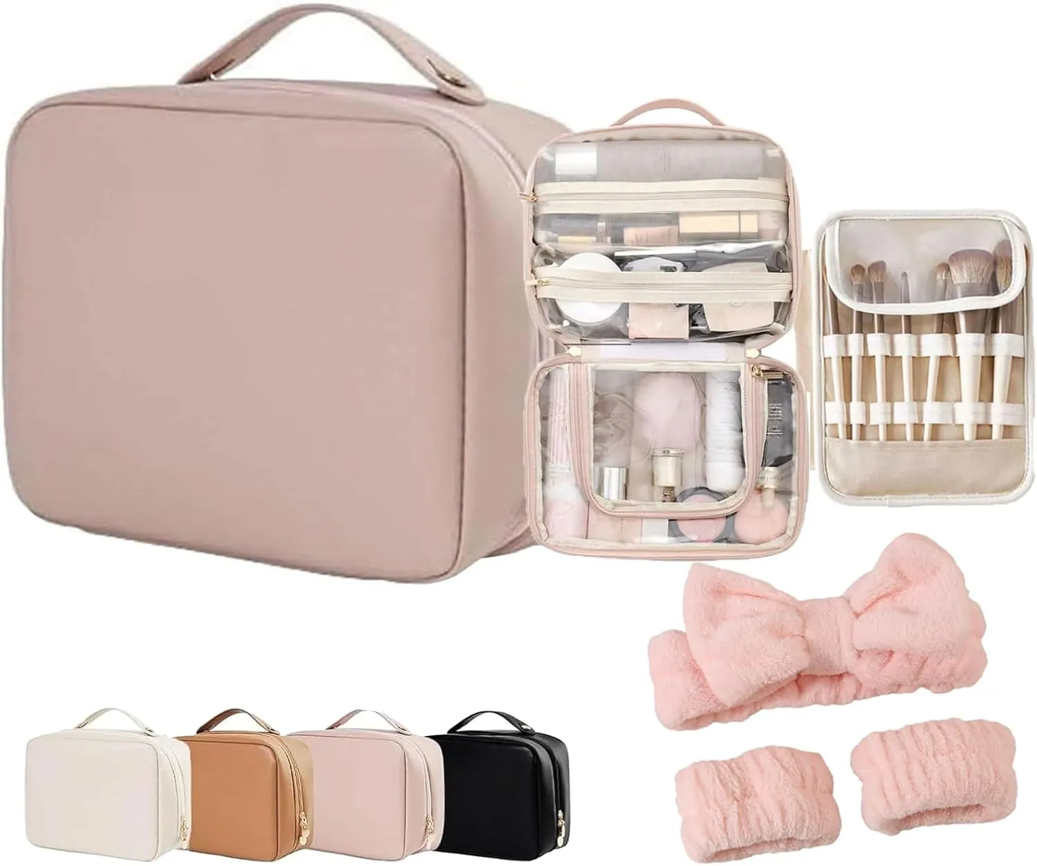 Multi-Compartment Toiletry Cosmetics Bag,Consulbefor Bag-Multi Compartment Toiletry/Cosmetic Bag,Set Patient Travel Makeup Bag,PU Leather Set Patient Cosmetic Bag (Pink)