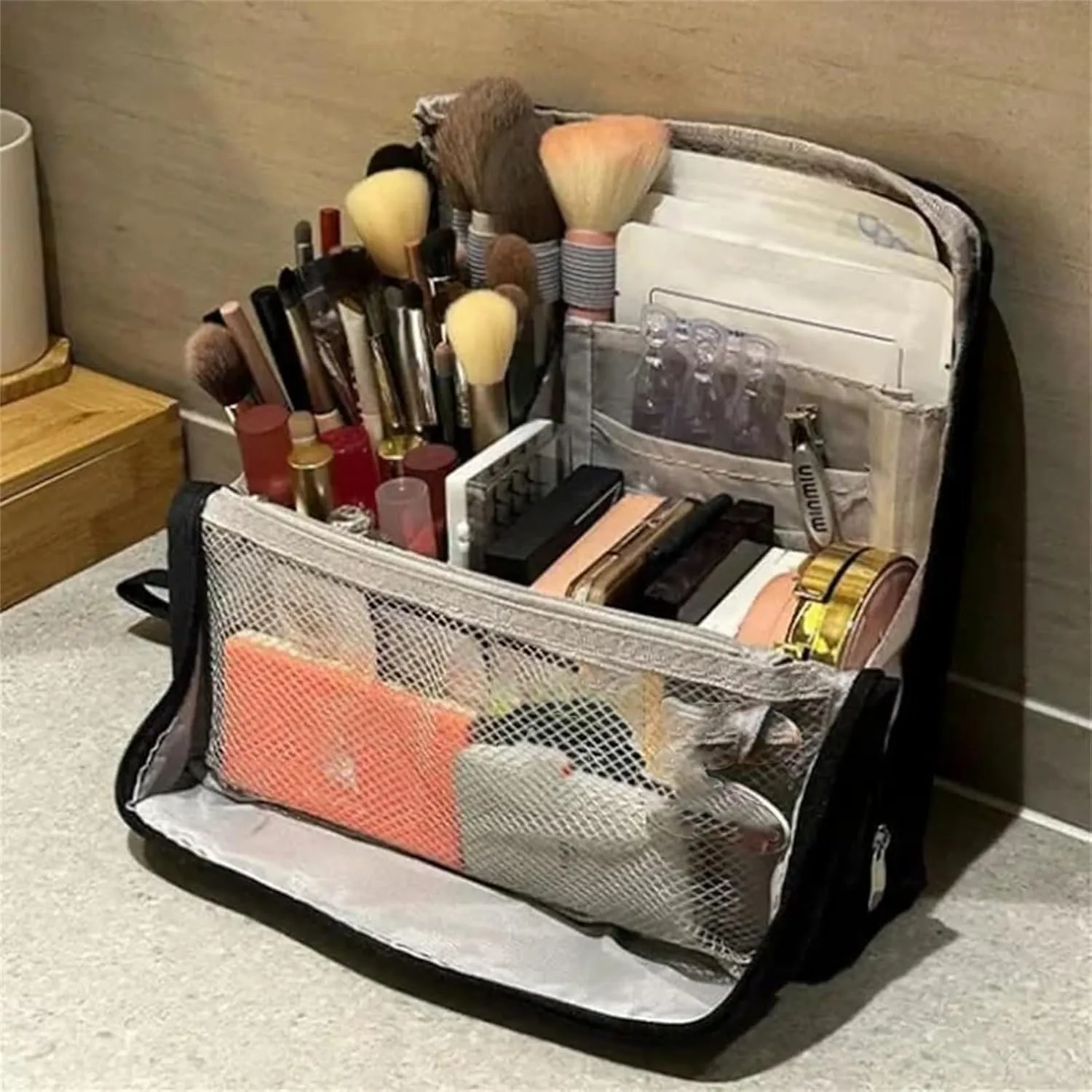 Multi-purpose Large Capacity Oxford Cloth Standing Makeup Bag, Travel Waterproof Makeup Organizer with Compartments, Portable Toiletry Bag for Women and Men (Black)