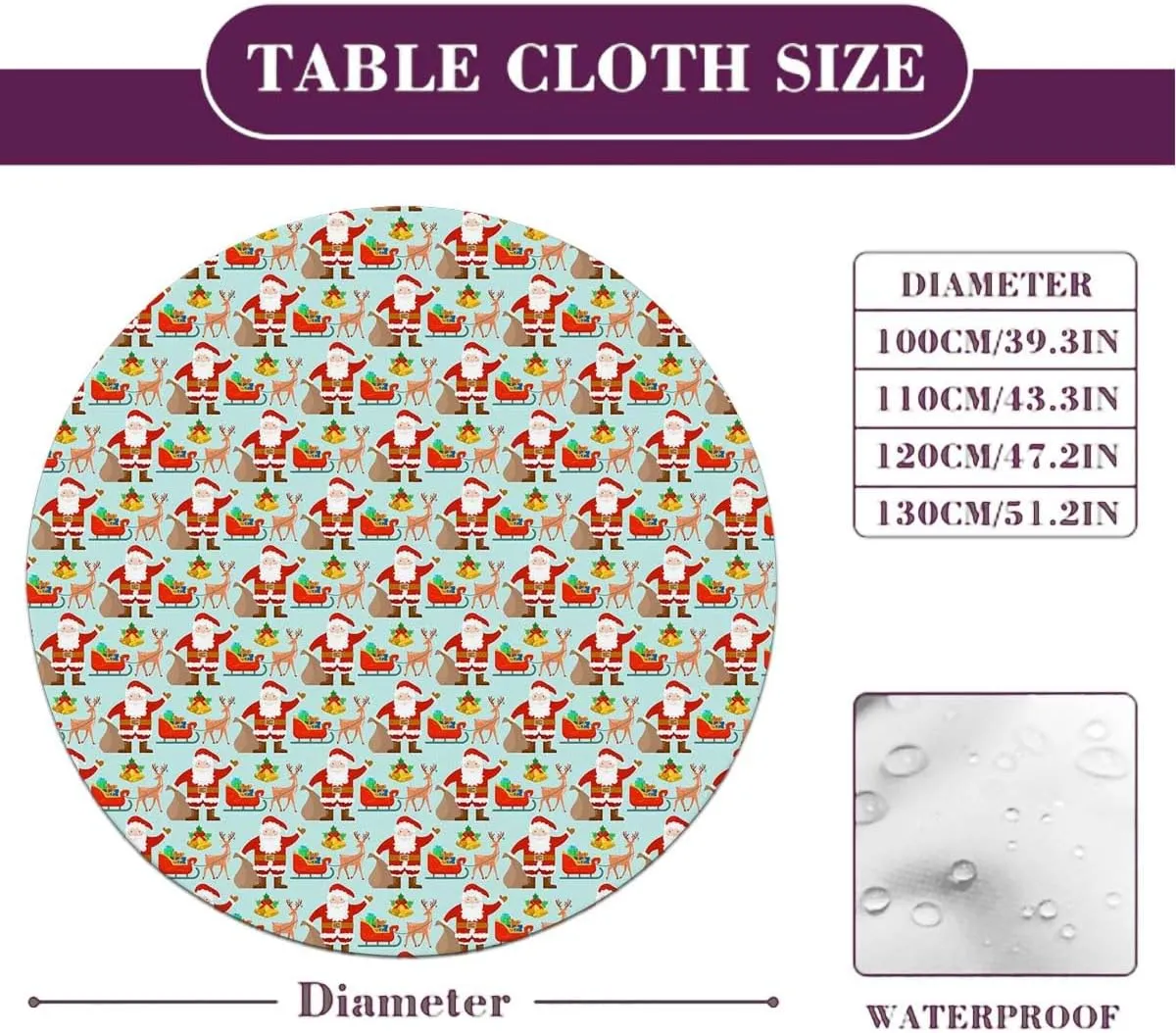 Multi Round Tablecloth Santa Claus Themed Cartoon Art for Wooden Boards Oil Proof Waterproof Tablecloth for Picnic Party Christmas Fit for 40"-43" Table