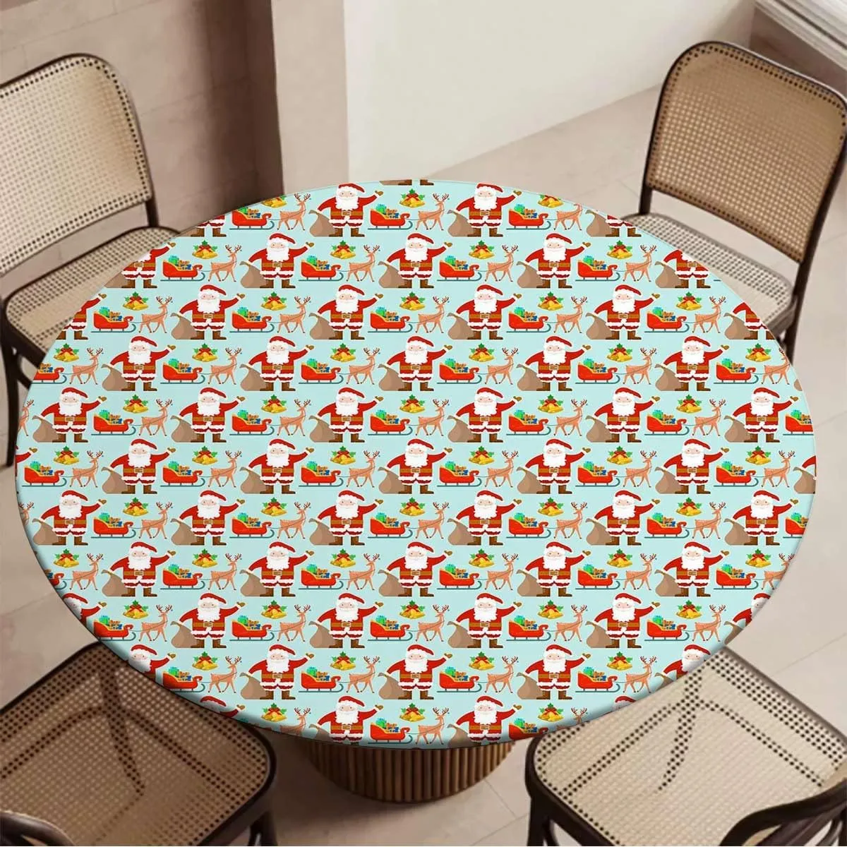 Multi Round Tablecloth Santa Claus Themed Cartoon Art for Wooden Boards Oil Proof Waterproof Tablecloth for Picnic Party Christmas Fit for 40"-43" Table