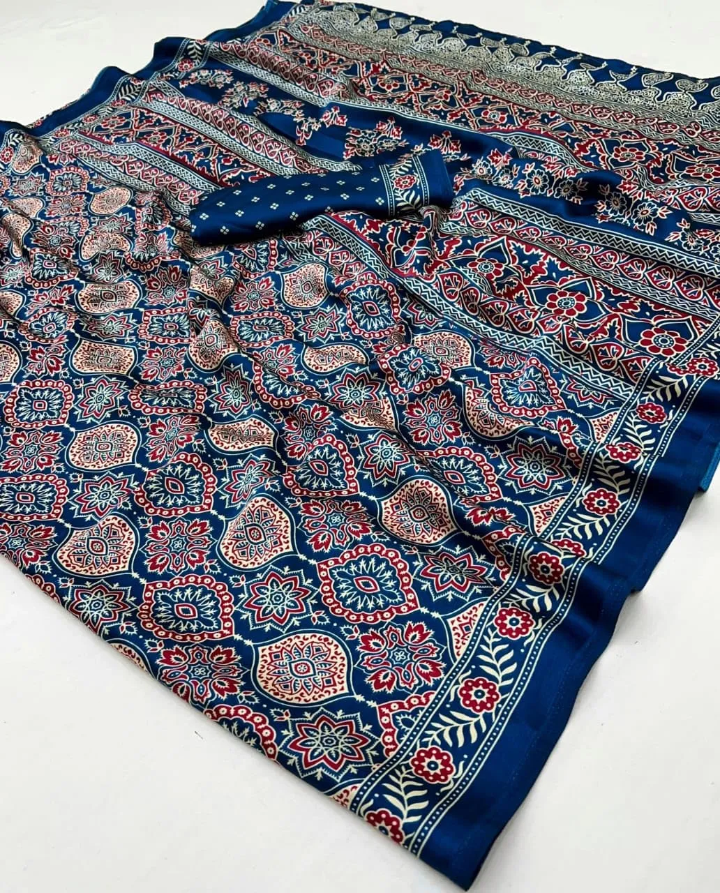 Multicolor Elegant Printeds AjarakhSatin Crepe Saree for Women with Unstitched Blouse Piece Designer Saree for Women Dress (Blue)