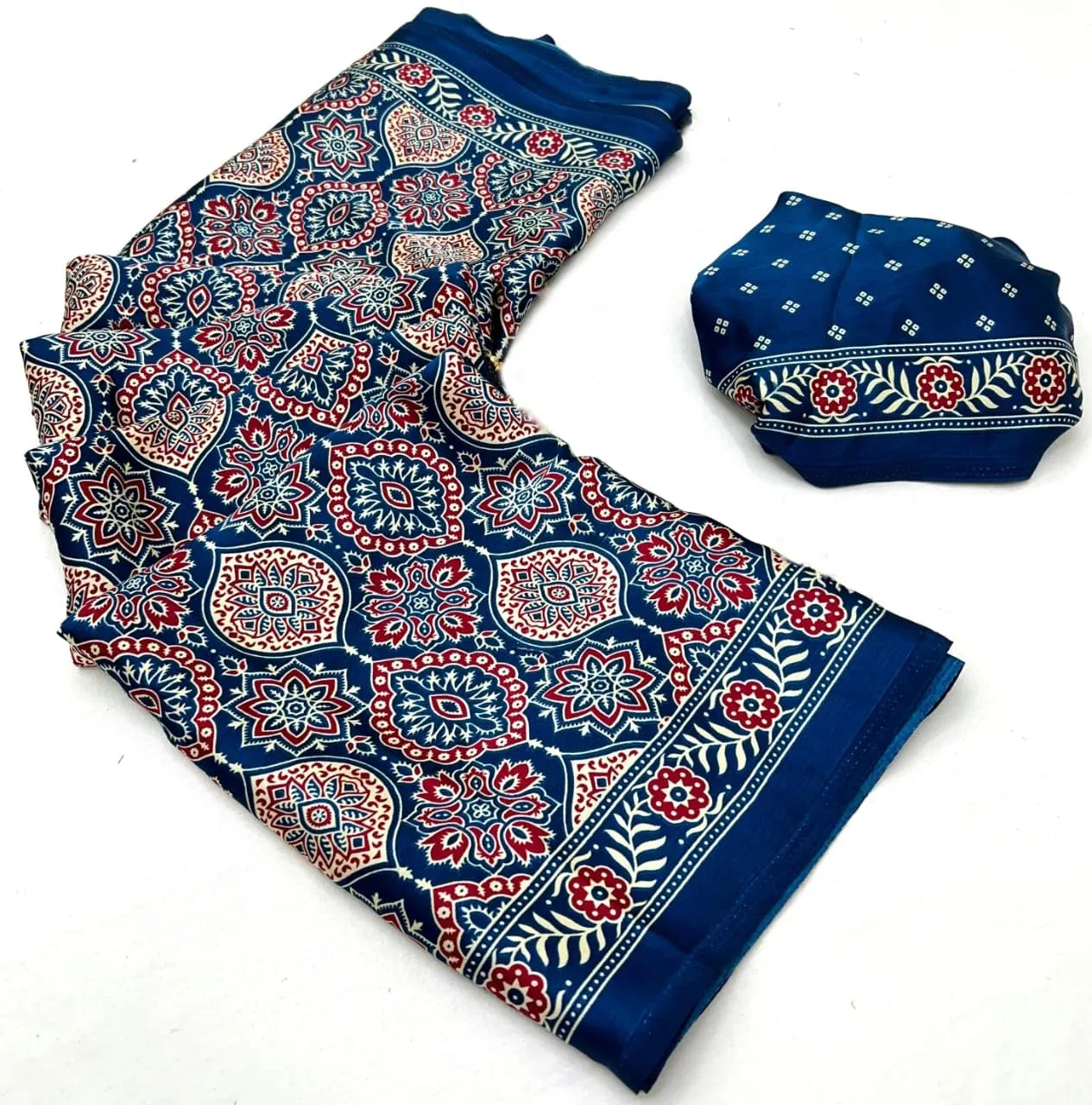 Multicolor Elegant Printeds AjarakhSatin Crepe Saree for Women with Unstitched Blouse Piece Designer Saree for Women Dress (Blue)
