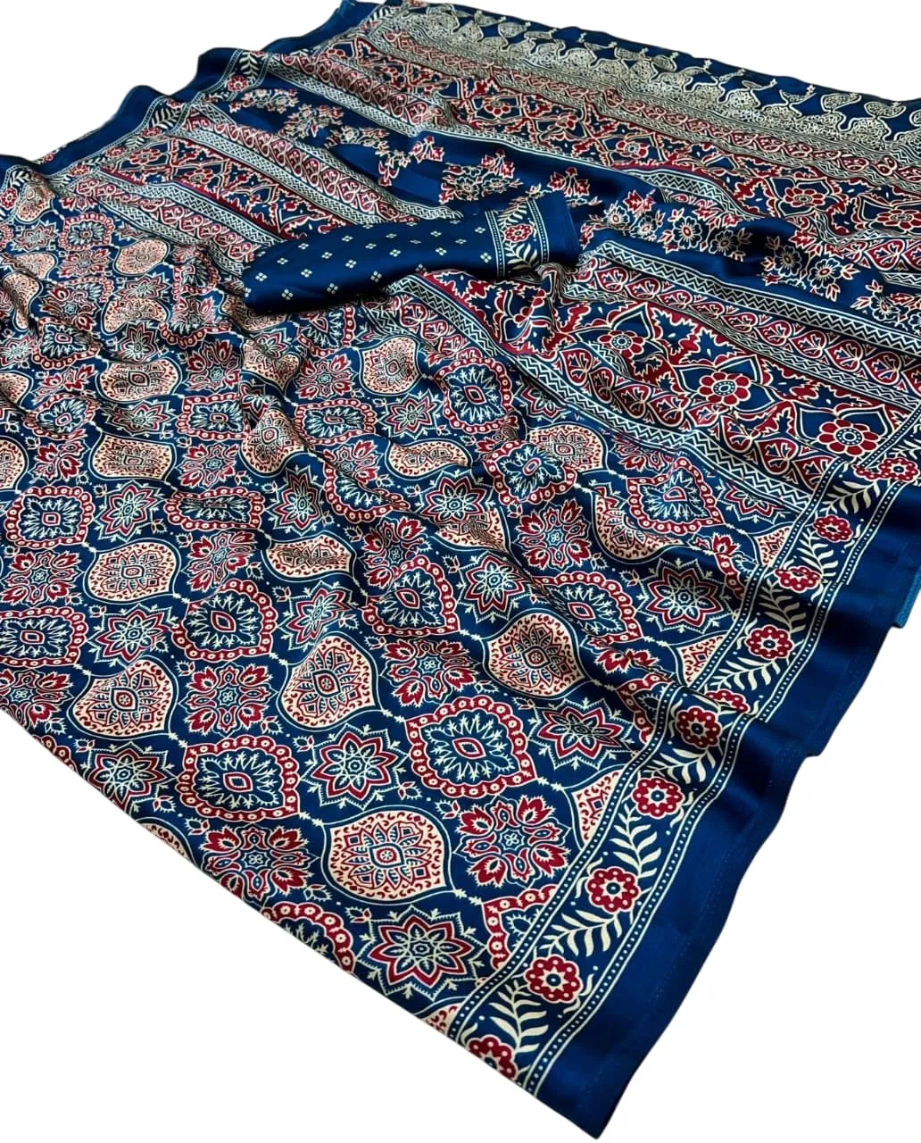 Multicolor Elegant Printeds AjarakhSatin Crepe Saree for Women with Unstitched Blouse Piece Designer Saree for Women Dress (Blue)