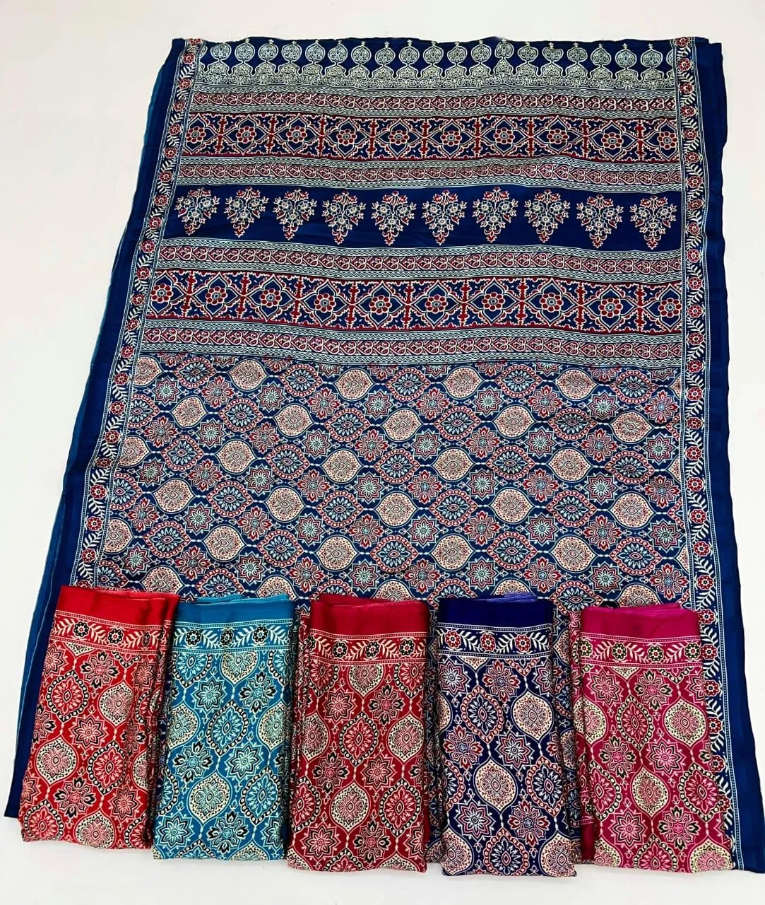 Multicolor Elegant Printeds AjarakhSatin Crepe Saree for Women with Unstitched Blouse Piece Designer Saree for Women Dress (Blue)