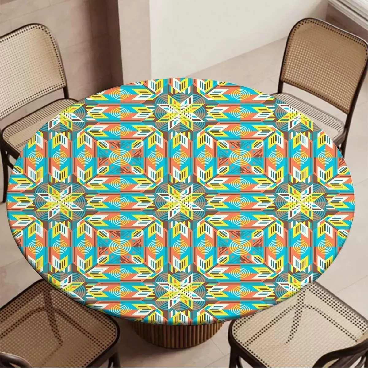 Multicolor Round Tablecloth with Elastic Edge Striped and Rectangle Shapes Design Soft-Touch Fitted Table Cloth, Waterproof Oil-Proof Table Cover African Fit for 40"-43" Table