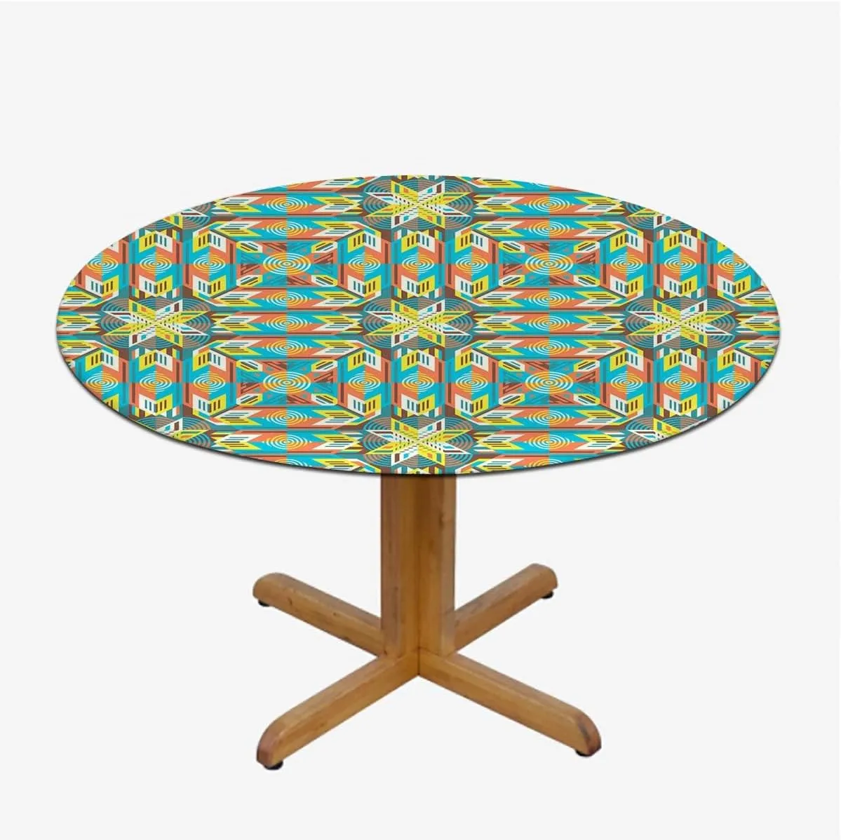 Multicolor Round Tablecloth with Elastic Edge Striped and Rectangle Shapes Design Soft-Touch Fitted Table Cloth, Waterproof Oil-Proof Table Cover African Fit for 40"-43" Table