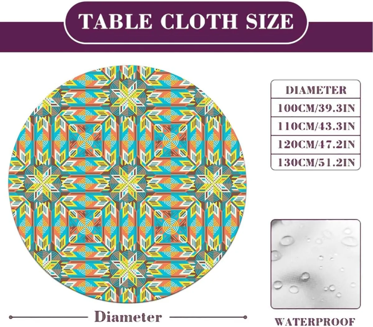 Multicolor Round Tablecloth with Elastic Edge Striped and Rectangle Shapes Design Soft-Touch Fitted Table Cloth, Waterproof Oil-Proof Table Cover African Fit for 40"-43" Table