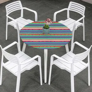 Multicolor Round Tablecloth with Elastic Edges Horizontal Striped Pattern Gradient Artistic Funky Soft-Touch Fitted Table Cloth, Waterproof Oil-Proof Table Cover Fits up 40"-44" Diameter Tables