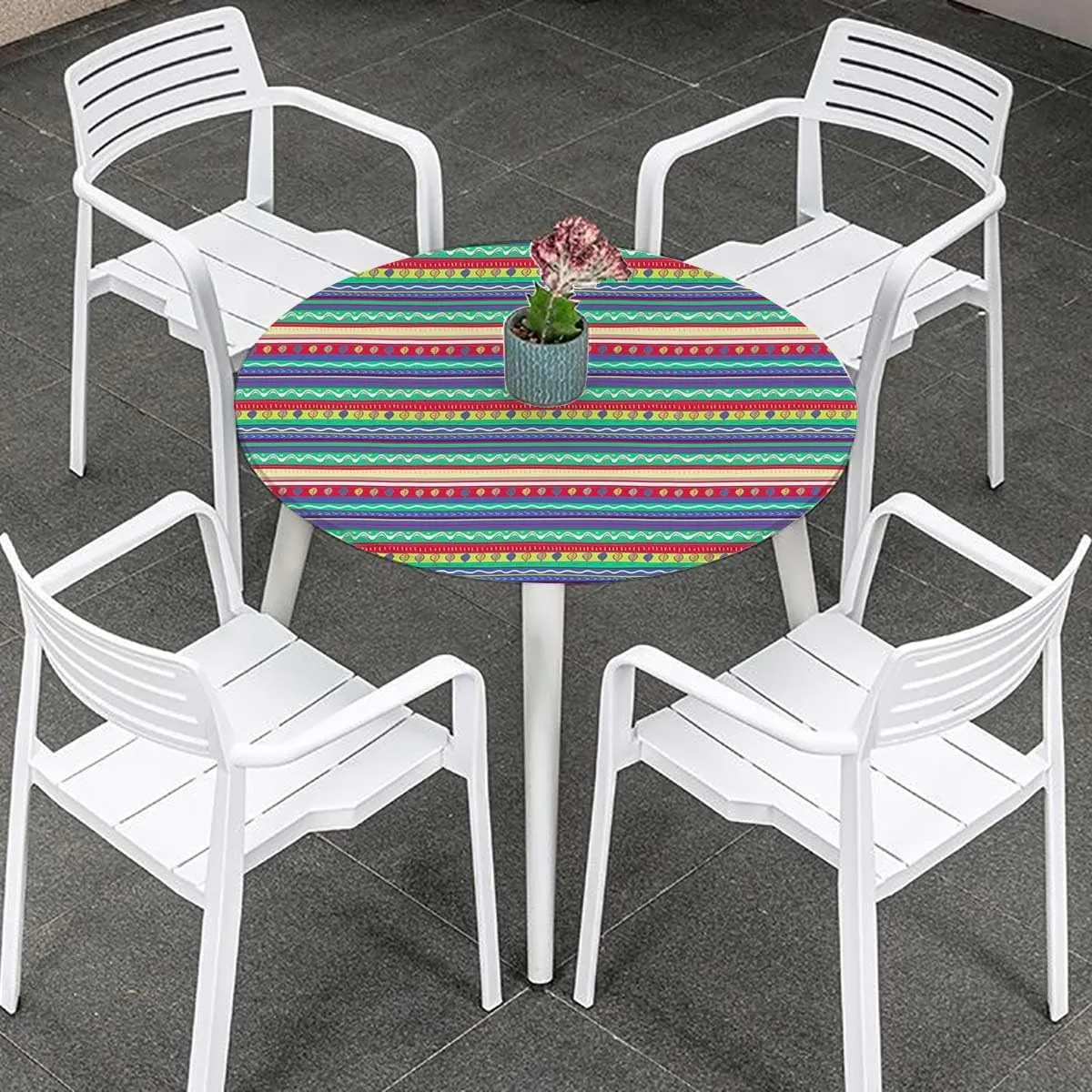 Multicolor Round Tablecloth with Elastic Edges Horizontal Striped Pattern Gradient Artistic Funky Soft-Touch Fitted Table Cloth, Waterproof Oil-Proof Table Cover Fits up 40"-44" Diameter Tables
