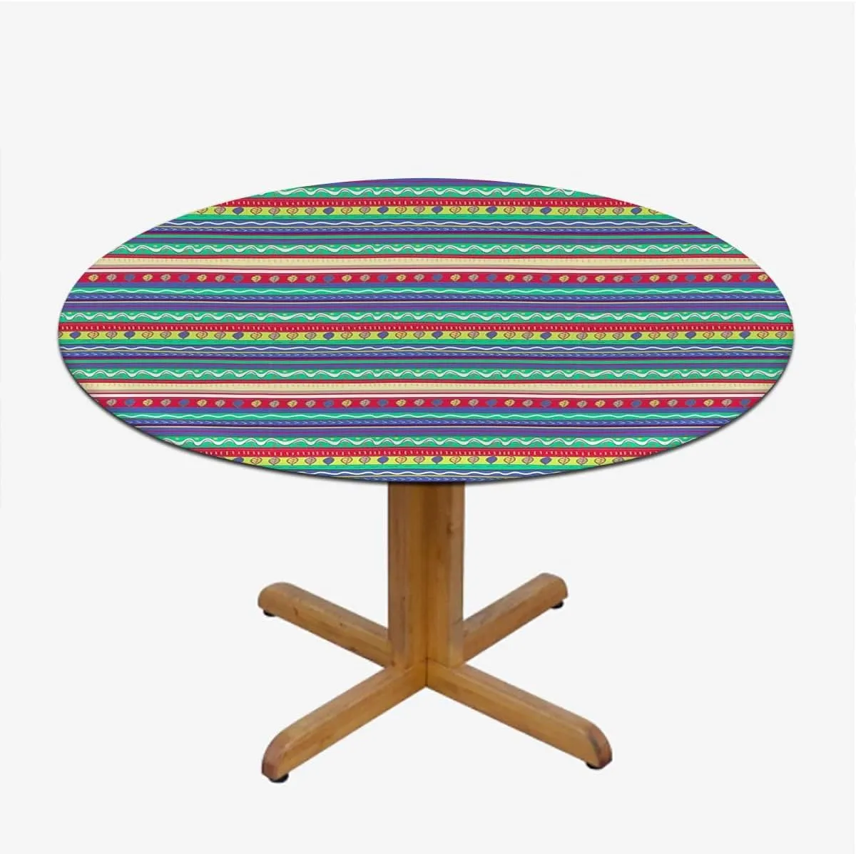 Multicolor Round Tablecloth with Elastic Edges Horizontal Striped Pattern Gradient Artistic Funky Soft-Touch Fitted Table Cloth, Waterproof Oil-Proof Table Cover Fits up 40"-44" Diameter Tables