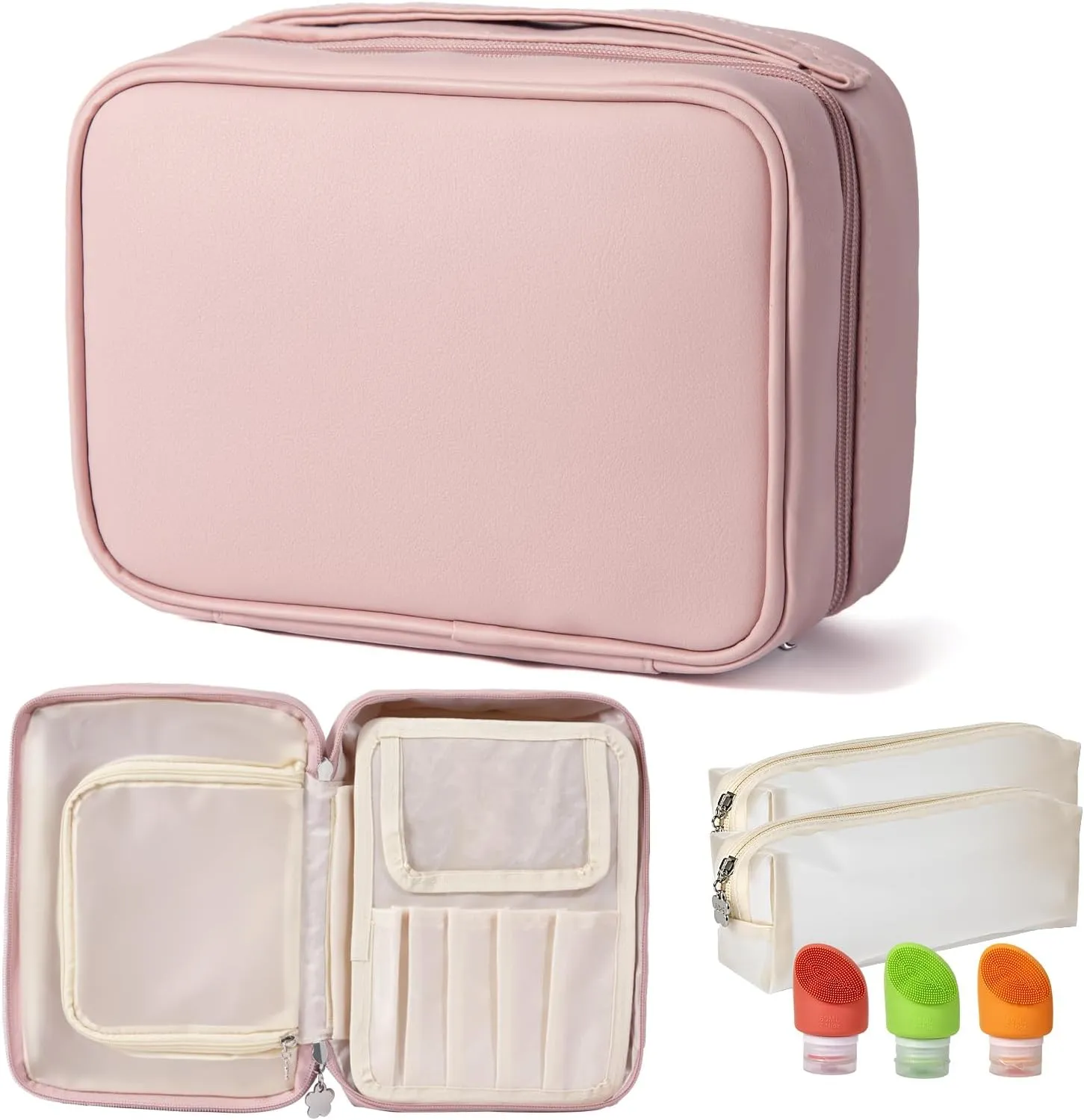 Multicompartment Toiletry Cosmetics Bag,Set Patient Travel Makeup Bag,travel size toiletries for women,detachable toiletry bag, PU Large makeup bag with compartments(pink)