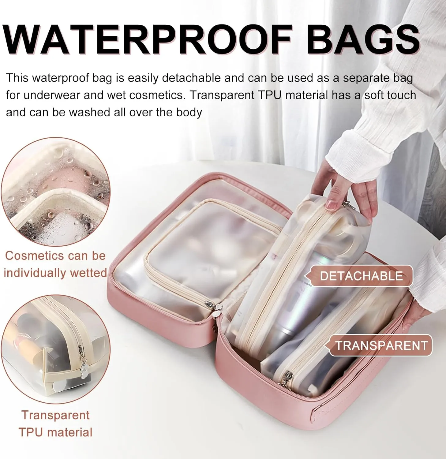 Multicompartment Toiletry Cosmetics Bag,Set Patient Travel Makeup Bag,travel size toiletries for women,detachable toiletry bag, PU Large makeup bag with compartments(pink)