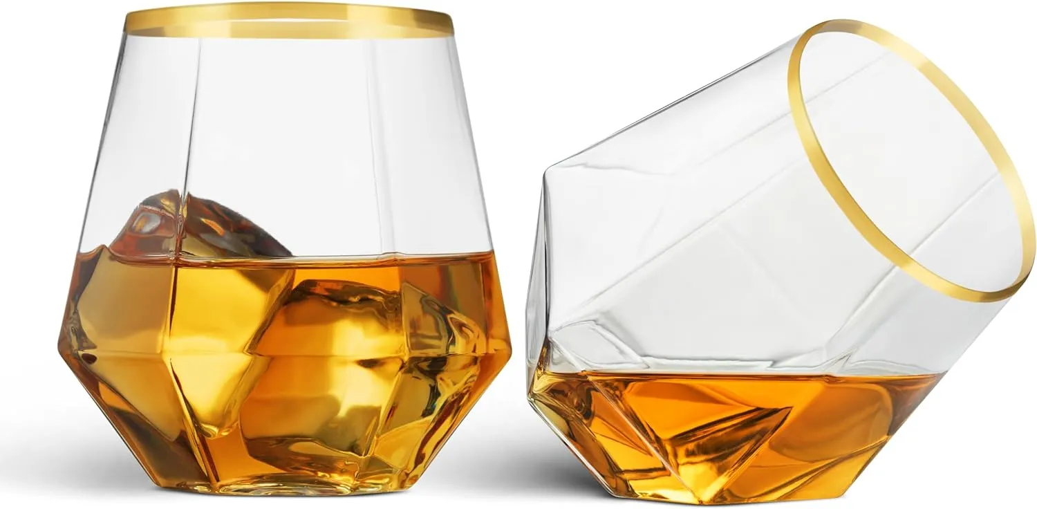 Munfix Gold Rim Plastic Stemless Wine Glasses 32 Pack - Diamond Shaped Unbreakable Disposable 12 Oz Clear Plastic Wine Champagne Whiskey Cups, Shatterproof Recyclable and BPA-Free