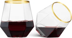 Munfix Gold Rim Plastic Stemless Wine Glasses 32 Pack - Diamond Shaped Unbreakable Disposable 12 Oz Clear Plastic Wine Champagne Whiskey Cups, Shatterproof Recyclable and BPA-Free