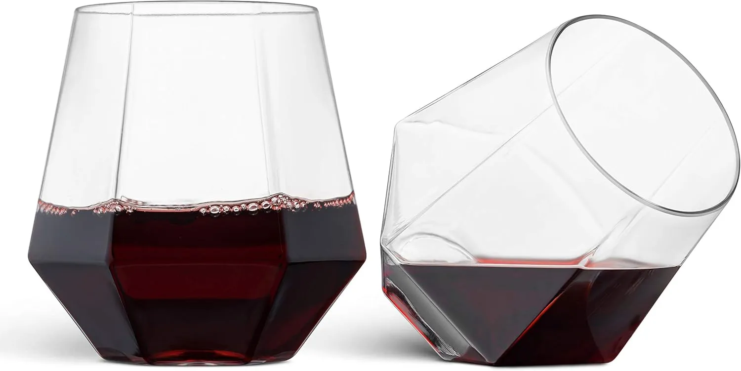 Munfix Plastic Stemless Wine Glasses 32 Pack - Diamond Shaped Unbreakable Disposable 12 Oz Clear Plastic Wine Champagne Whiskey Cups, Shatterproof Recyclable and BPA-Free