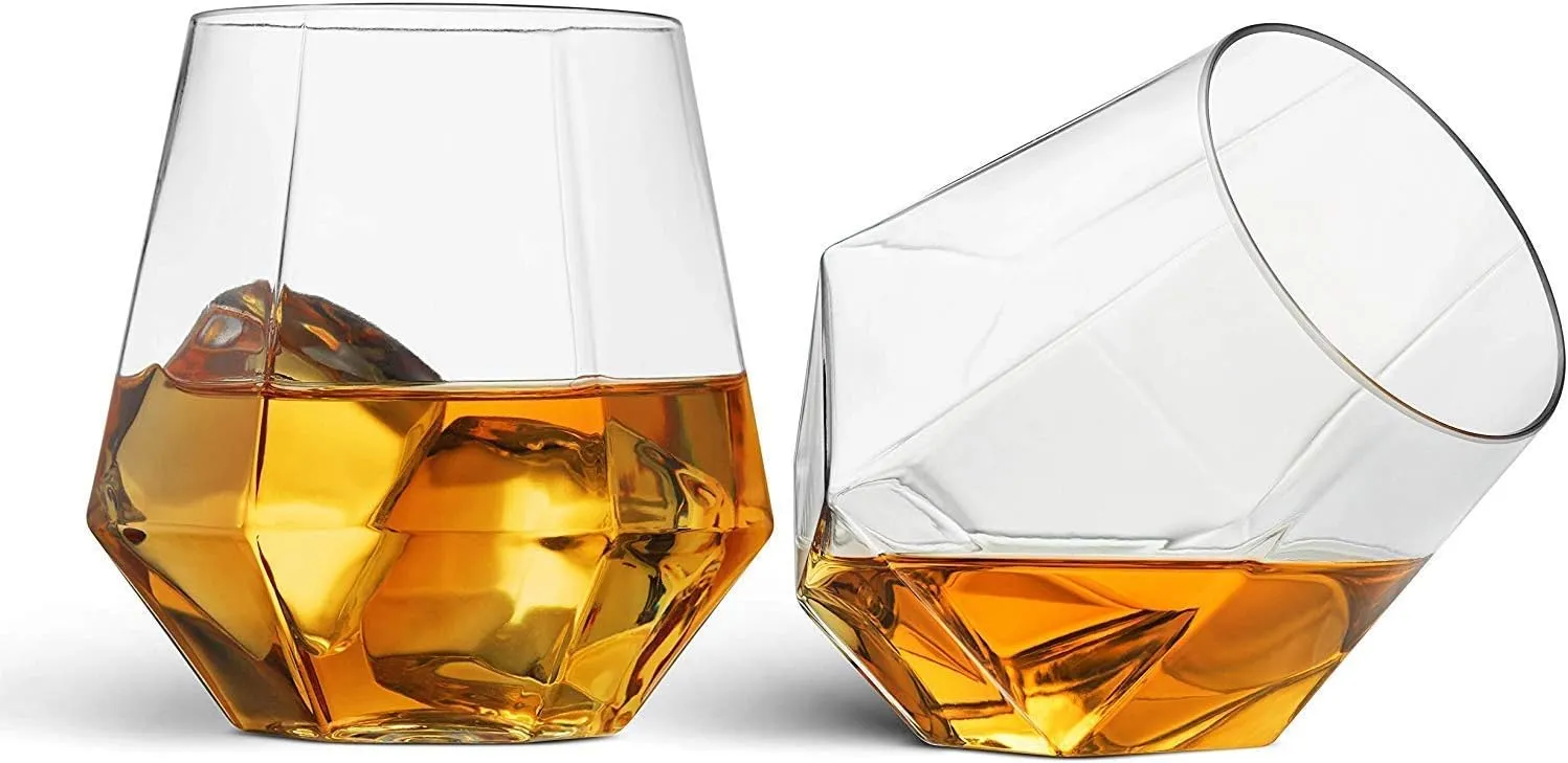 Munfix Plastic Stemless Wine Glasses 32 Pack - Diamond Shaped Unbreakable Disposable 12 Oz Clear Plastic Wine Champagne Whiskey Cups, Shatterproof Recyclable and BPA-Free